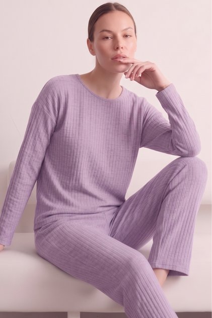 Pamuklu Şeritli Kışlık Yumuşak Tuşe İnterlok Örme Pijama Takımı