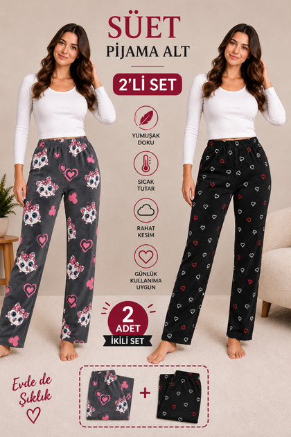 Women's Suede Pajama Bottoms Set of 2 – Soft Texture, Warm, Comfortable Fit