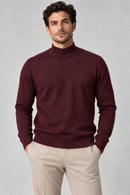 Men's Burgundy Slim Fit Slim Fit Plain Half Turtleneck Knitwear Sweater