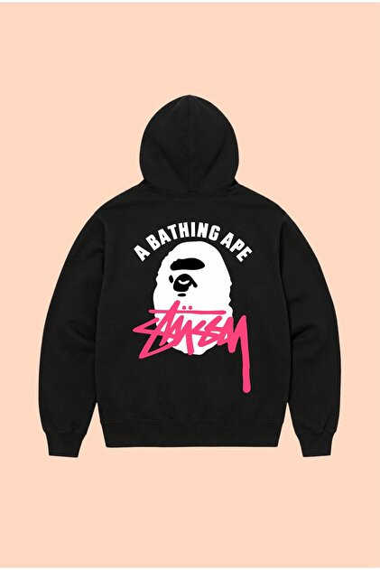 Bape X Stussy Printed Unisex Oversize Black Cotton Hooded Printed Sweatshirt Hoodie