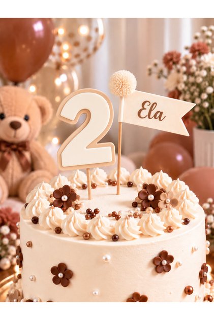 2 Yaş 2 Aylık Rakam Pasta Süsü Yazılabilir İsim Bayraklı Cake Topper Doğum Günü Süsü