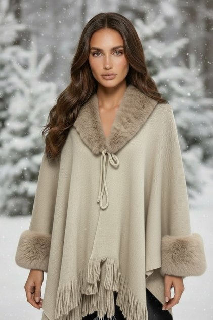 Women's Fur Detailed Tasseled Knitwear Poncho Tie-Down Collar Winter Cape Shawl