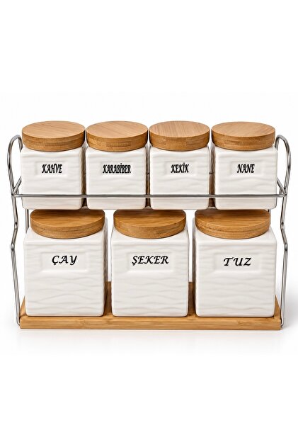 Aşkanana 7-Piece Ceramic Spice Jar and Container Set, with Bamboo Lids, Metal Stand, Tea, Coffee, Sugar, and Spice Storage Set