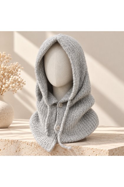 Women's Hooded Buttoned Knitted Neck Collar Balaclava Winter Headgear - Gray