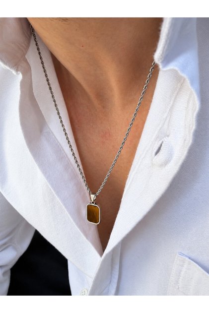 Ildorion Silver Color Stainless Steel Tiger Eye Natural Stone Cornered Rectangular End Auger Chain Men's Necklace