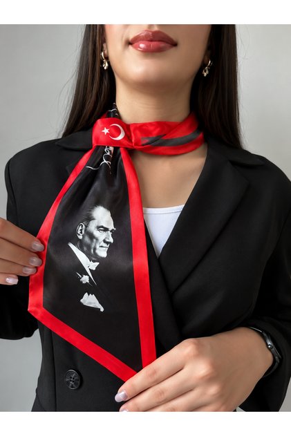 Ataturk Signed Premium Satin Tie Scarf Foulard – Turkish Flag Patterned with Ataturk Portrait