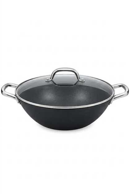 مقلاة ووك (Wok) 30سم مصنوعة من مادة الزهر مزودة بغطاء زجاجي بفتحة بخار