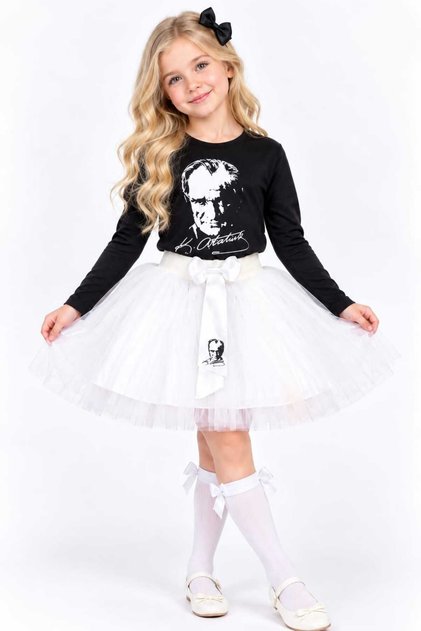 Printed White Long Sleeve T-Shirt and Black Skirt Set