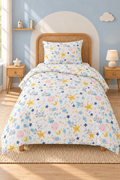 Astro Space Patterned Single Children's Duvet Cover Set with Non-Elastic Sheets, 3 Pieces