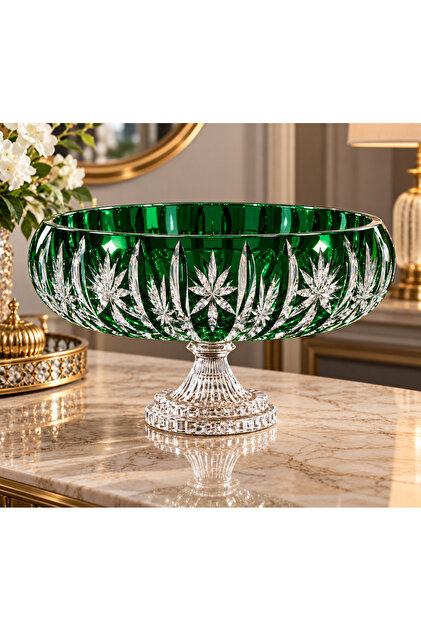 Lalezar Handmade Cut Crystal Glass Bowl with Foot 28 cm – Colorful Decorative Salad and Fruit Bowl