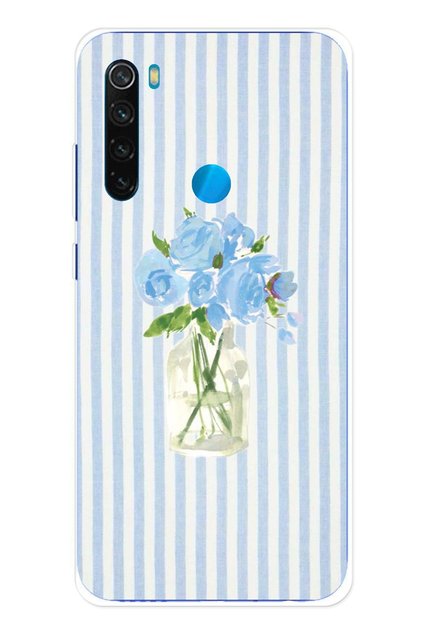 Redmi Note 8 Uyumlu Mavi Çizgili Sulu Boya Çiçek Baskılı Silikon Kılıf