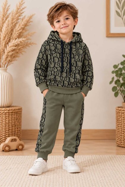 2-Piece Children's Set with Hooded Patterned Pockets and Silk Cotton Top and Bottom, Suitable for Boys' Kindergarten and Nursery.