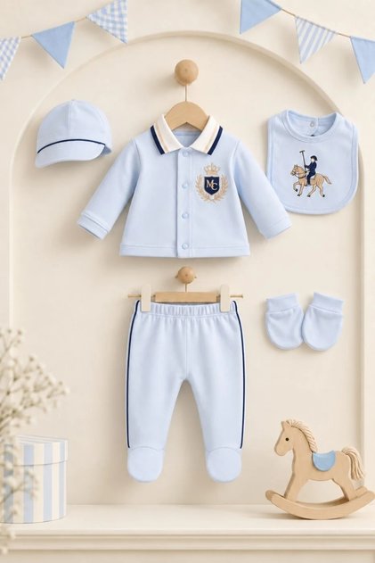 Baby Boy Polo Collar Embroidered Hat Set of 5 Hospital Discharge Set 100% Cotton