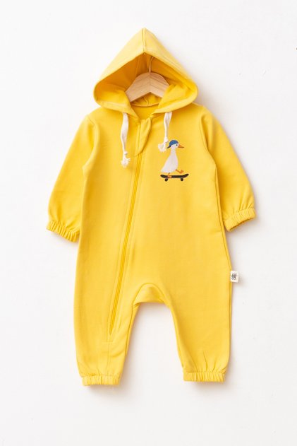 100% Cotton Hooded Duck Patterned Long Sleeve Baby Romper with Elastic Cuffs and Zipper Throughout
