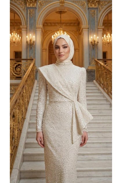 Hennin Tamamı Taş Detaylı Abiye Elbise-5058