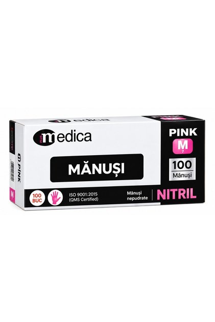 Manusi Medicale din Nitril Roz MEDICA, Nepudrate, pentru Examinare si Protectie, Ambidextre, compatibile Touchscreen, marime M, 100 Bucati