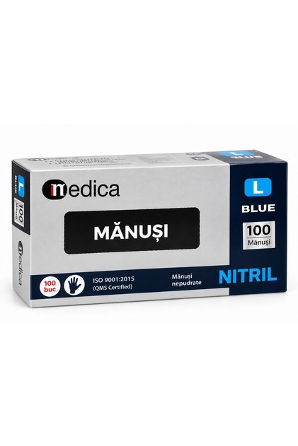 Mănuși medicale din nitril, albastre, MEDICA, fără pudră, pentru examinare și protecție, ambidextre, rezistente, mărimea L, 100 bucăți
