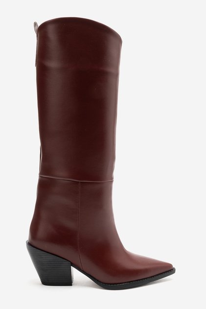 Kadın Bordo Cilt Kovboy Çizme Sivri Burun Rahat Topuklu Western Model Suzy