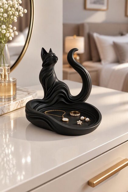 Kedi Figürlü Dekoratif Takı Tabağı, Dekoratif Anahtarlık | 15 cm