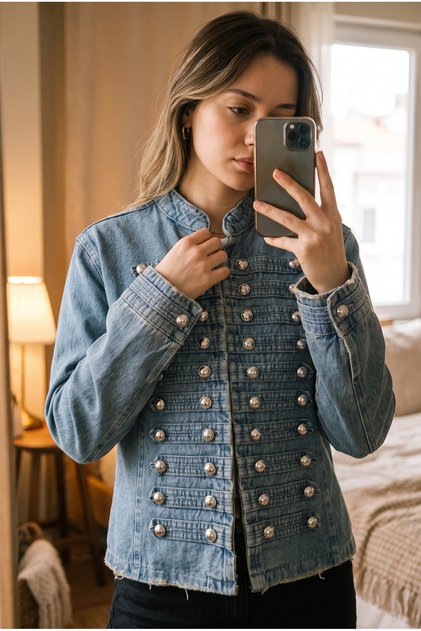 Women's Buttoned Denim Jacket with Agrafla Buttons