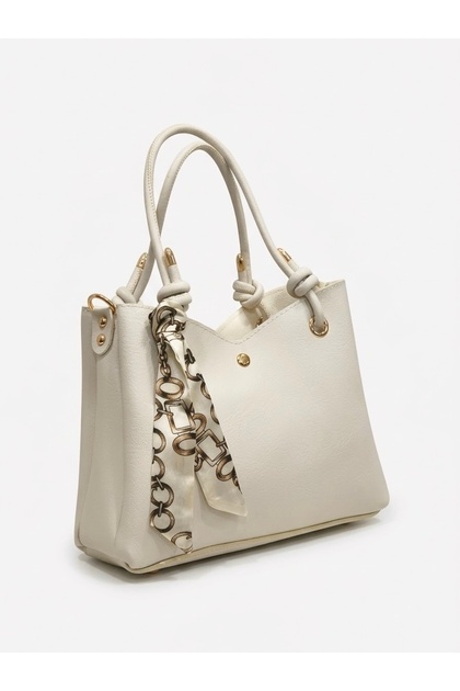 Cream Color Three-Compartment Long Crossbody Strap Women's Hand and Shoulder Bag with Scarf Detail