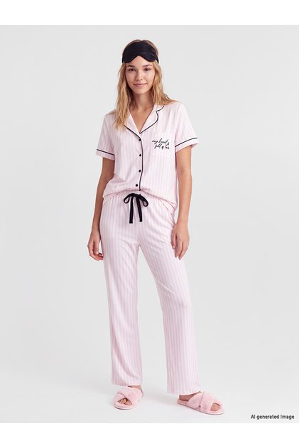 Two Mt Shop Quality Lcw Dream Ecru Combed Cotton Embroidered Short Sleeve Women's Pajama Set