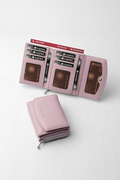 Genuine Leather Large Internal Volume Snap Fastener Women's Wallet Lilac - 65281