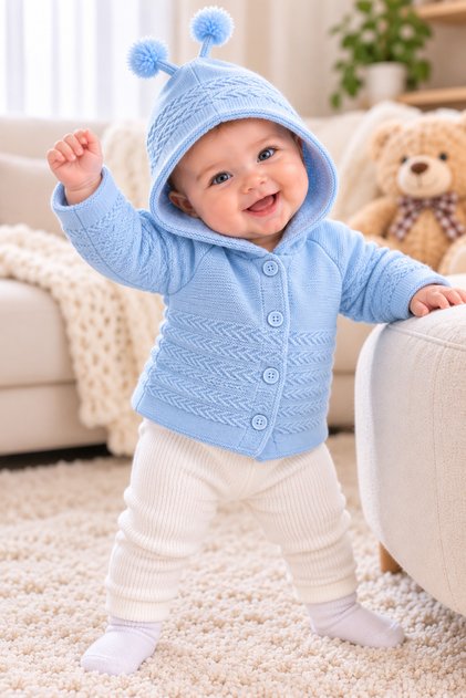 0-6 Months Baby Boy Baby Girl Knitted Hooded Cardigan – Knitwear Baby Coat with Pompom Detail