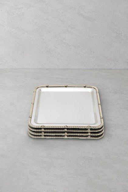 Royal Corda 4 Adet Paslanmaz Çelik Kare Sunum Tepsisi 22x22 cm Döküm Kenarlı Kahve Servis Tepsisi