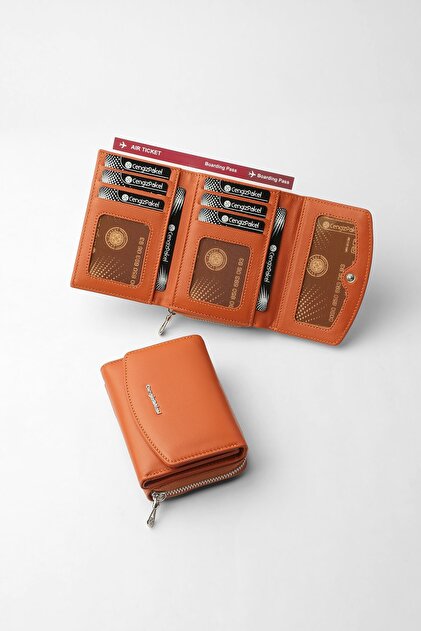 Genuine Leather Large Internal Volume Snap Fastener Women's Wallet Tile - 65281