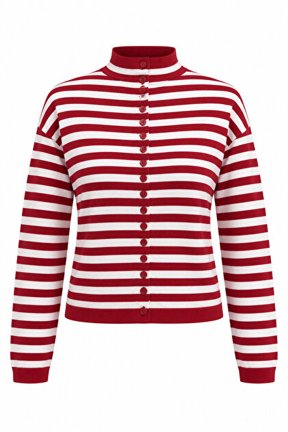 7081 Women's Striped Stand Collar Buttoned Knit Sweater Red - Natural