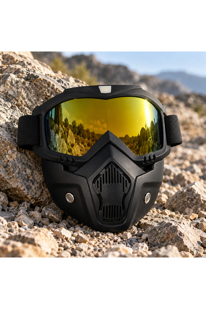 Motosiklet Cross Gözlük Maske Sarı Aynalı Lensli Yüz Maskesi Off-Road Enduro Motorcu Gözlüğü