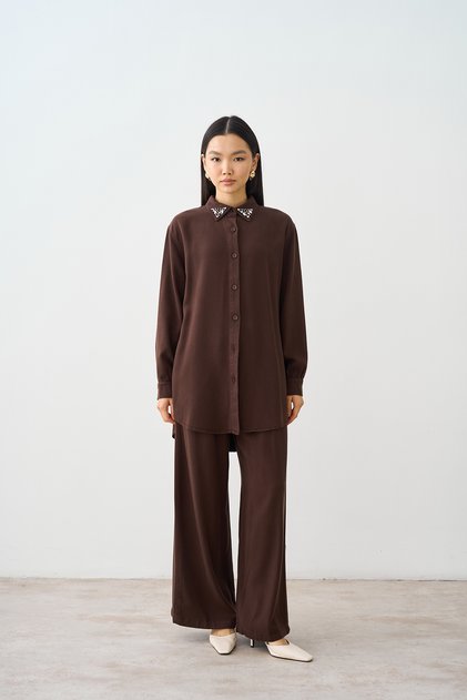 Women's Collar Stone Detailed Tencel Suit Brown