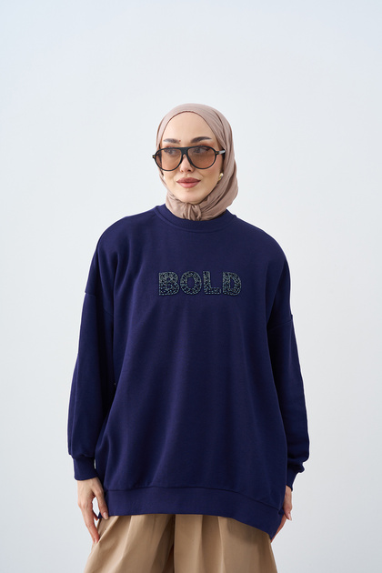 Women's Stone Embroidered Crew Neck Sweatshirt Navy Blue