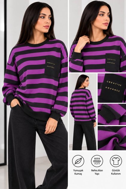 Ade Neon Genel Markalar Kadın Siyah Neon Çizgili Oversize Sweatshirt – Cep ...