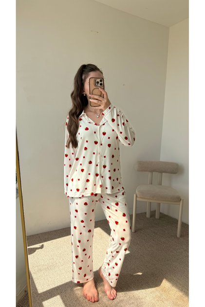 Shirt Collar Strawberry Patterned Pajama Set - Hpm - Ecru