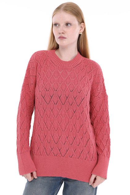 Pink Women's 100% Cotton Openwork Diamond Knit Pattern Oversize Crew Neck Knitwear Sweater Trist-6170