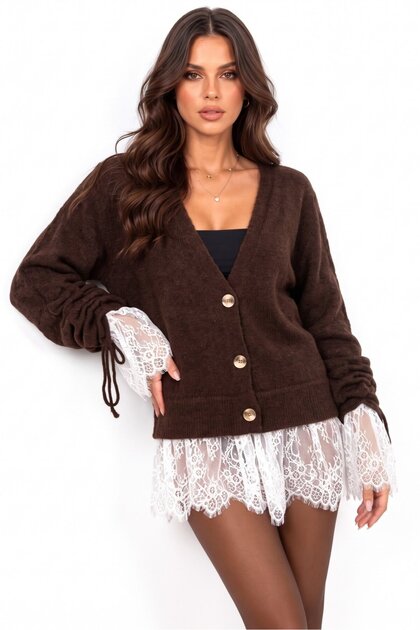 Brown Lace Detailed Gathered Sleeve Knitwear Cardigan