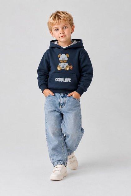 Jacklions Baby Boy 1-5 Years Old Teddy Bear Patterned Sweatshirt Navy Blue