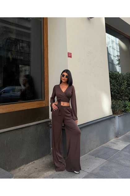 Women's Brown Double-Breasted Collar Elastic Waist Blouse and Pants Two-Piece Set