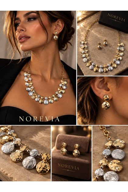 Norevia Gold Gümüş Renkli Taş Detaylı Kolye Küpe Takım Seti