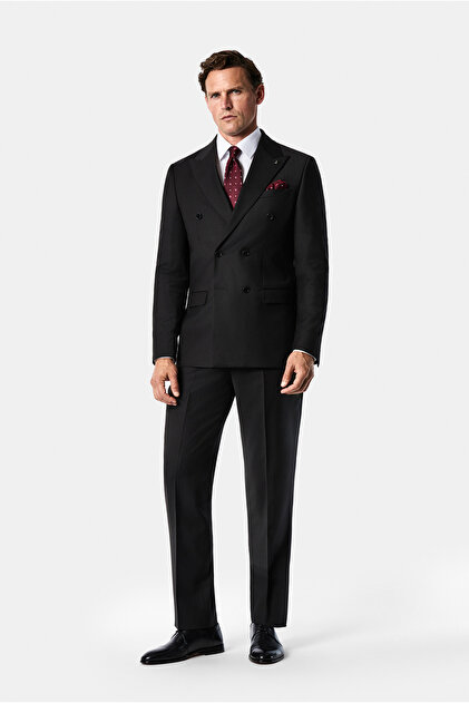 7 Drop Slim Fit Dar Kesim Sivri Yaka Beli Lastikli Yünlü Desenli Kruvaze Takım Elbise