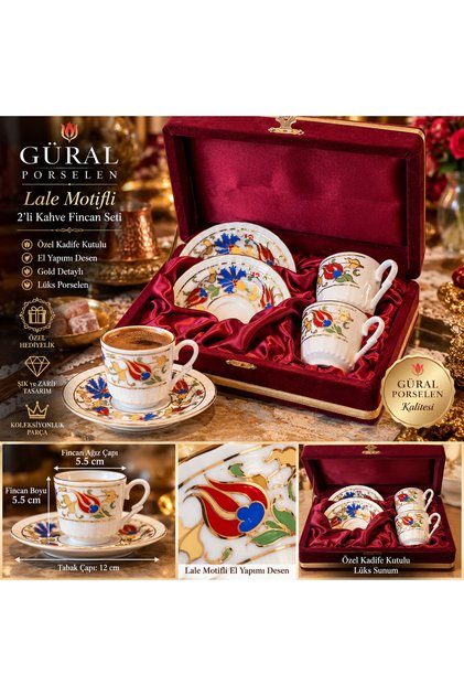 Güral Porselen Lale Motifli Gold Detaylı 2’li Kahve Fincan Seti – Özel Kadife Kutulu