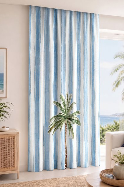 Digital Printed Single Panel Curtain with Palm Tree Figure and Blue Stripes (Includes Throw Pillow as a Gift)