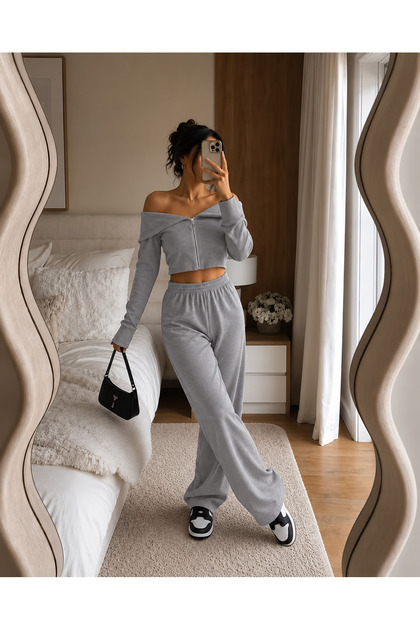 Women's Gray Combed Cotton Fabric Madonna Collar Zippered Crop Top & Wide Leg Pants Two-Piece Set