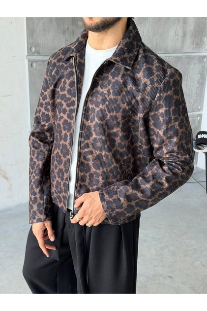Black Leopard Pattern Zippered Jacket t