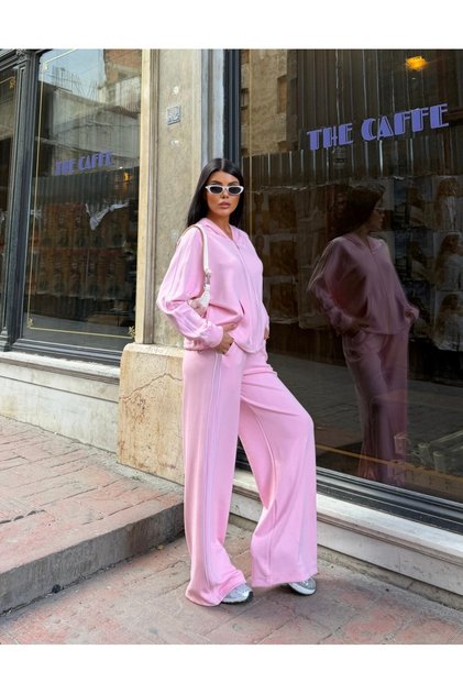 Women's Pink Zippered Stripe Detailed Oversize Two-Piece Set