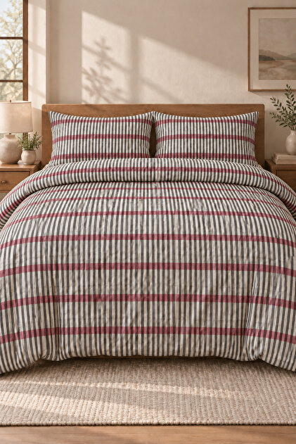 Flannel Double Duvet Cover Set Red Stripe