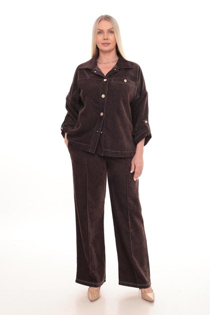 Pocket Detailed Gold Snap Button Chenille Denim Fabric Stylish Plus Size Top and Bottom Set