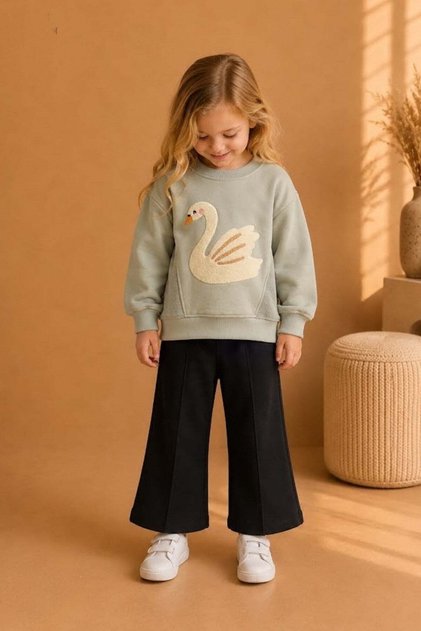 Baby Girl 1-5 Years Old Swan Embroidered Cotton Sweatshirt Water Green